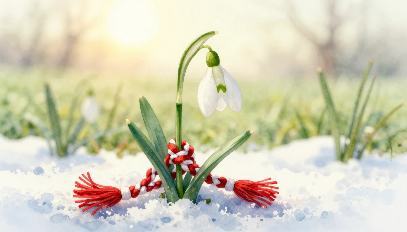 A beautiful watercolor painting of a delicate snowdrop flowe...
