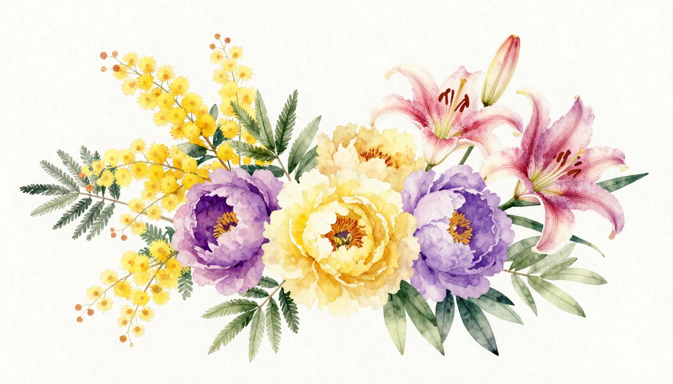 A vibrant and elegant watercolor painting featuring a variet...