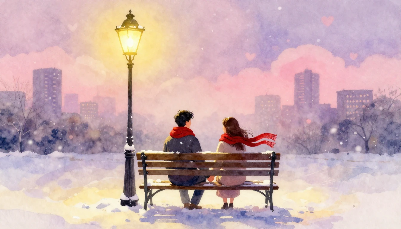 A romantic and dreamy watercolor painting featuring a couple...