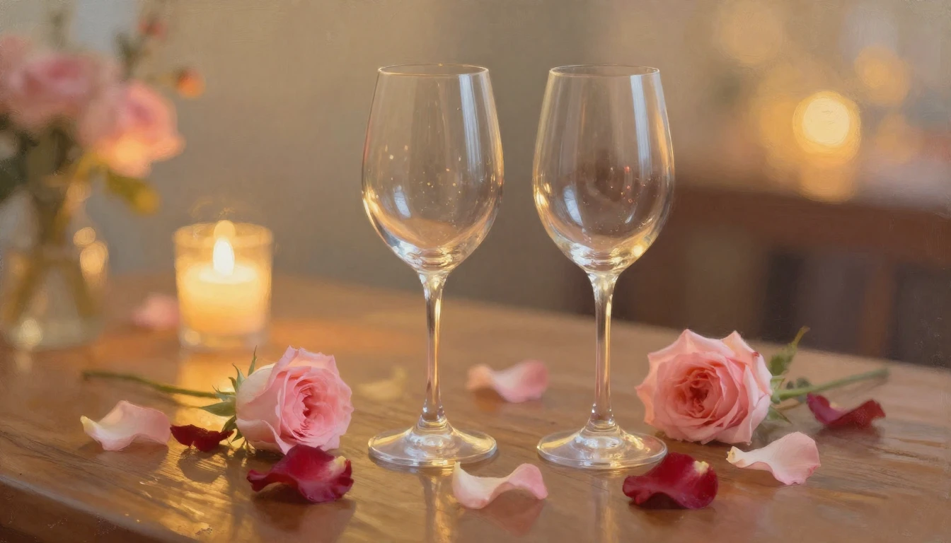 A delicate painting of two elegant wine glasses sitting on a...