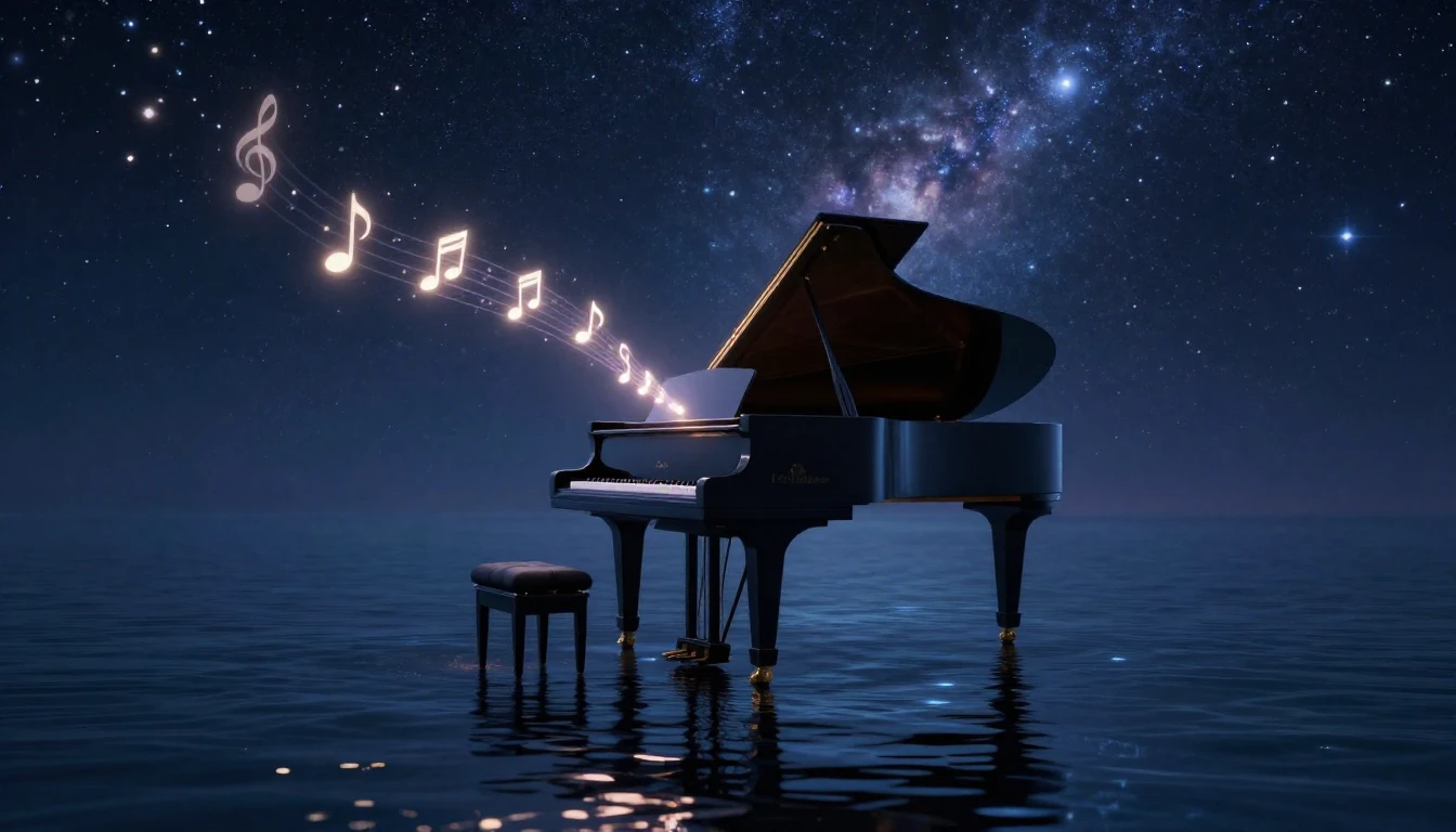 A majestic grand piano standing alone in the middle of a cal...