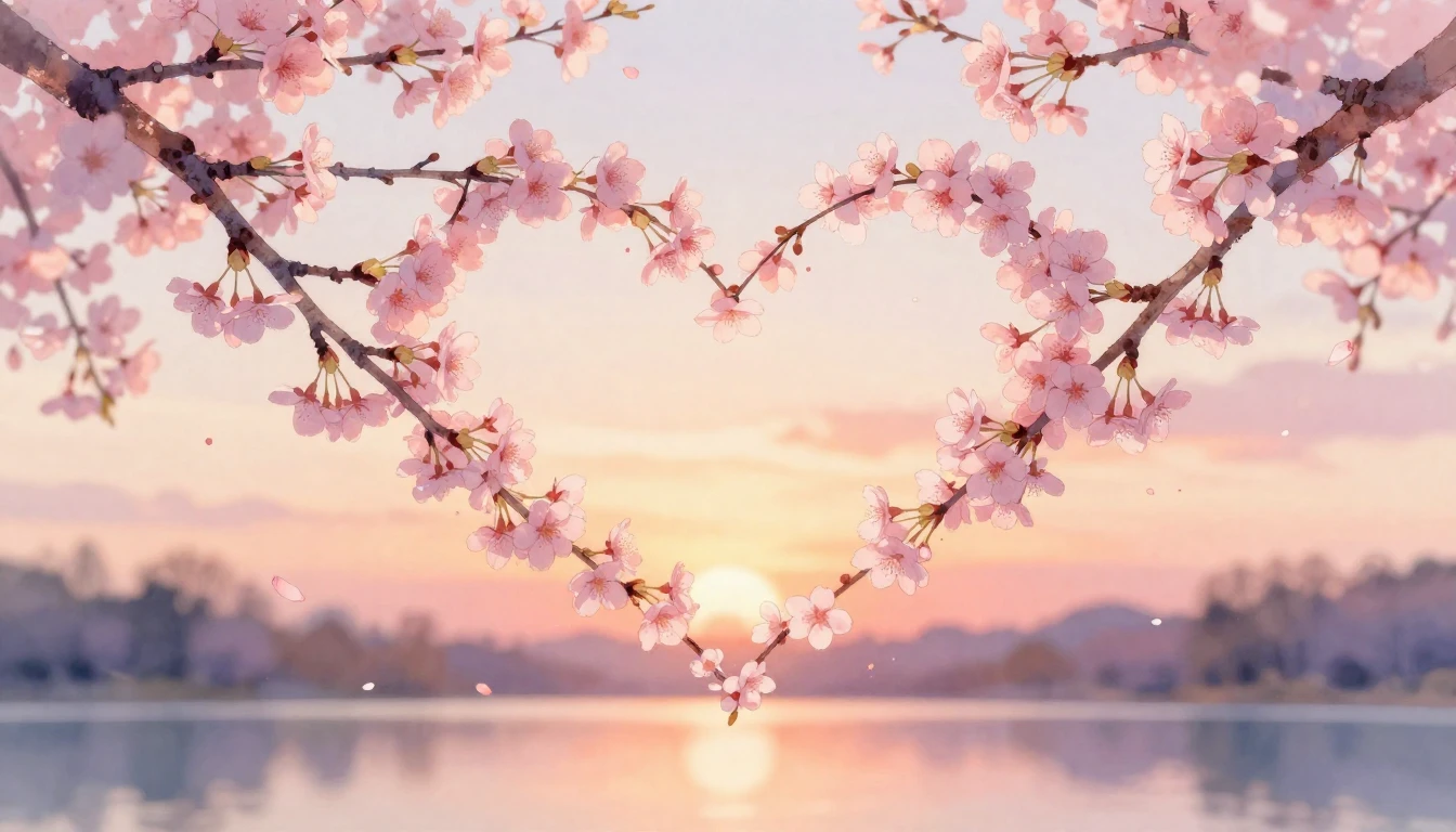 A delicate watercolor painting of two intertwined cherry blo...