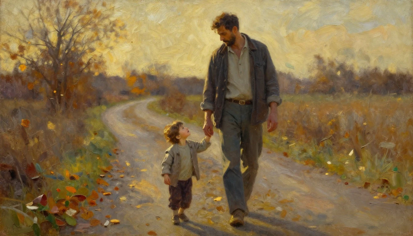 An oil painting of a father and a small child walking hand i...