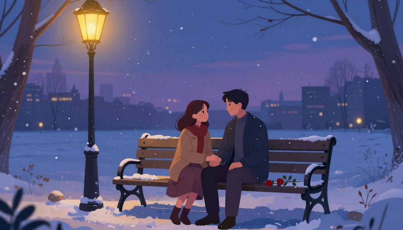 A soft, dreamy illustration of a couple sitting on a vintage...