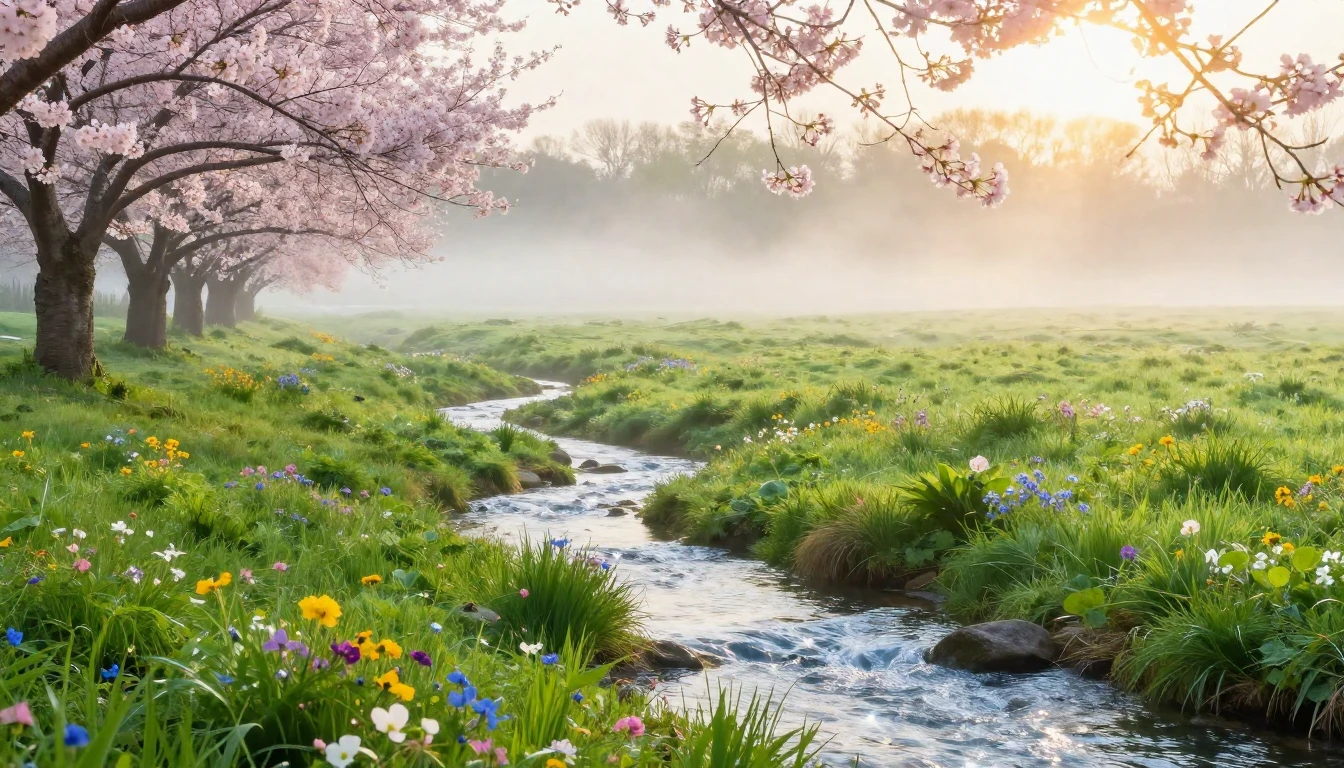 A breathtaking landscape of a lush green meadow at sunrise, ...