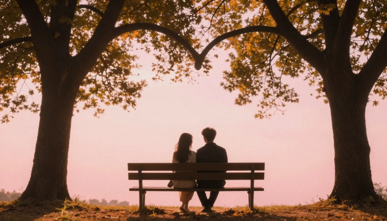A romantic and dreamy scene featuring two silhouettes sittin...