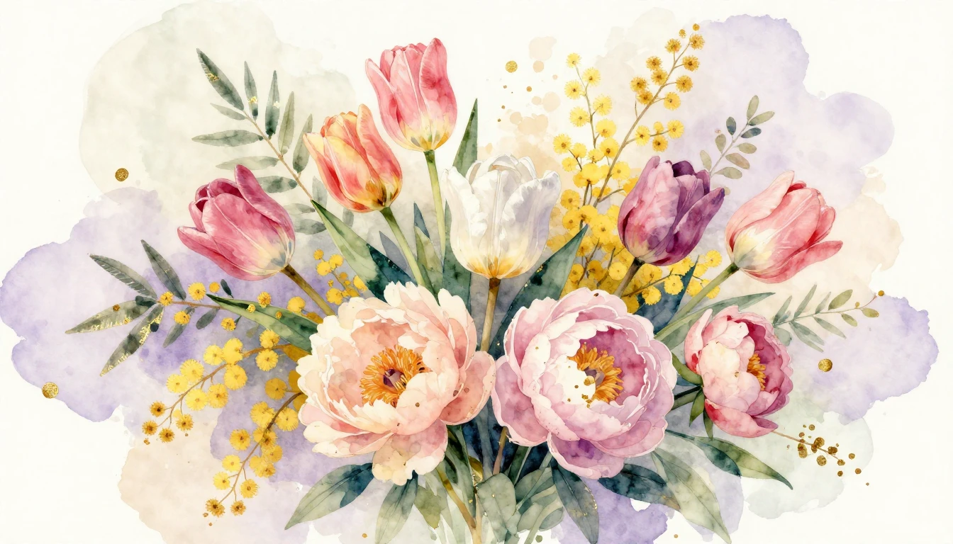 A beautiful and vibrant watercolor painting of a lush bouque...