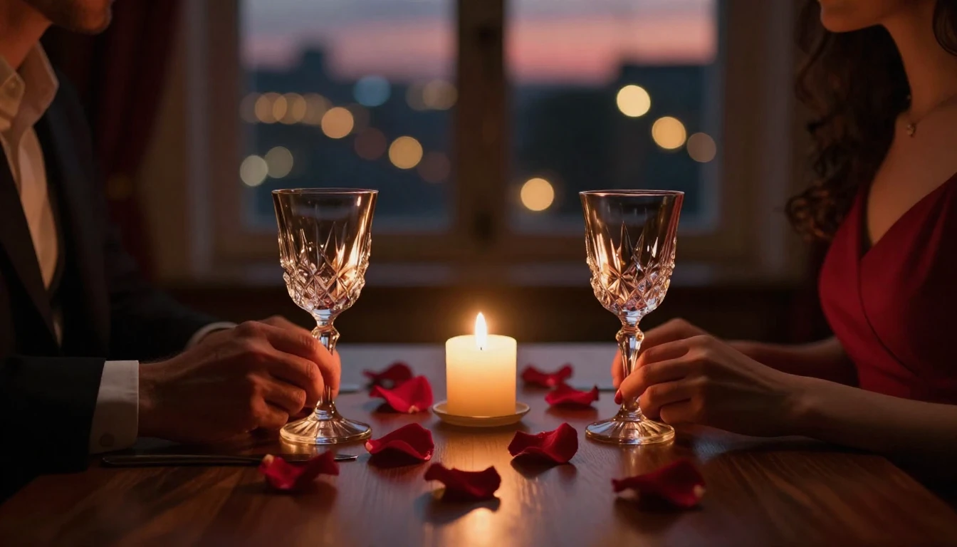 A warm, dimly lit scene of a romantic dinner table set for t...