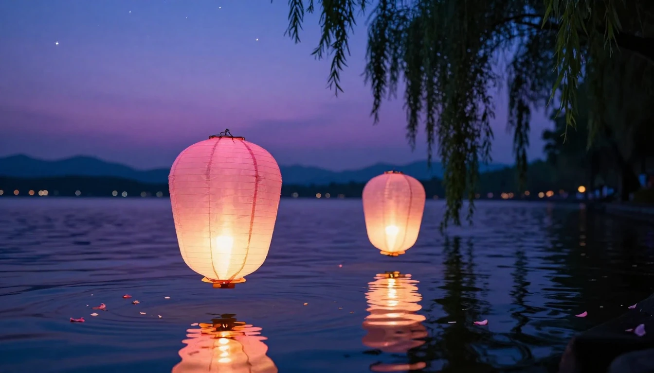 A beautiful and romantic scene featuring two glowing paper l...