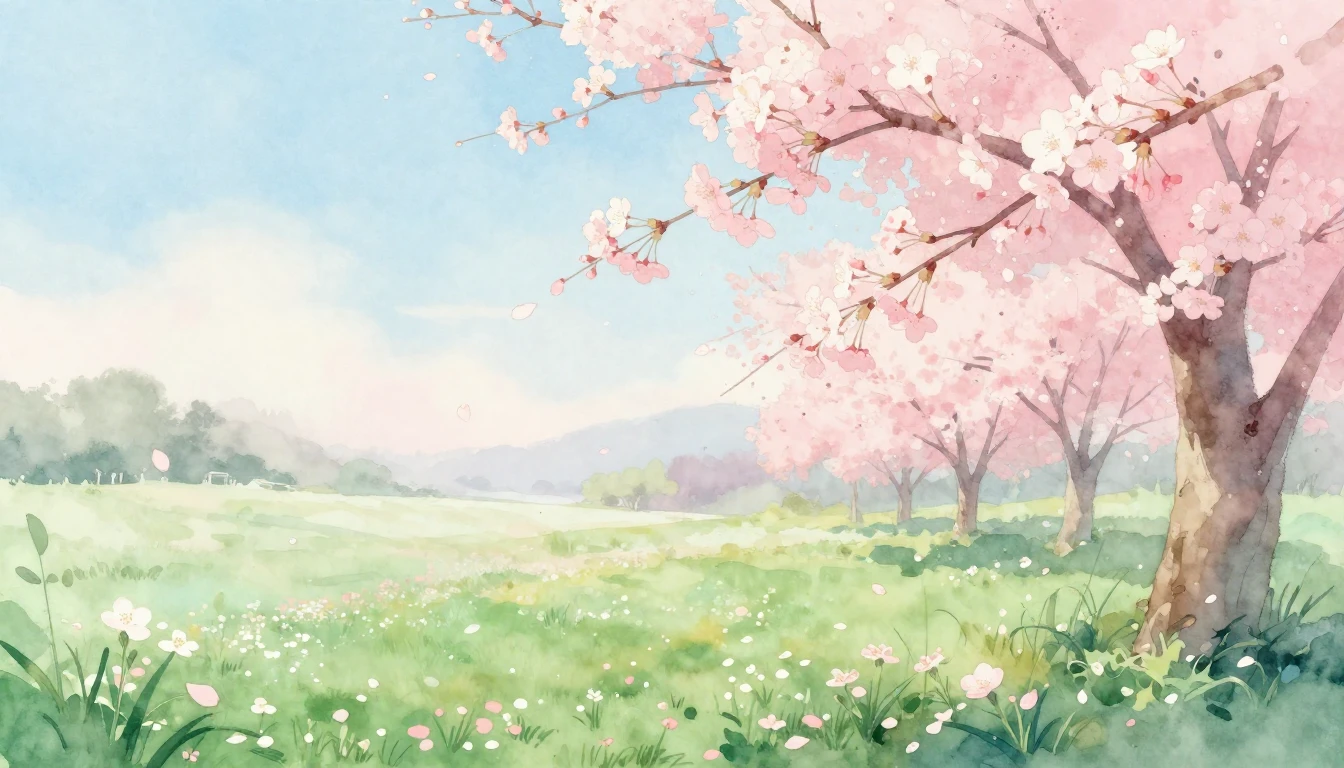 A serene spring landscape in a delicate watercolor style. So...