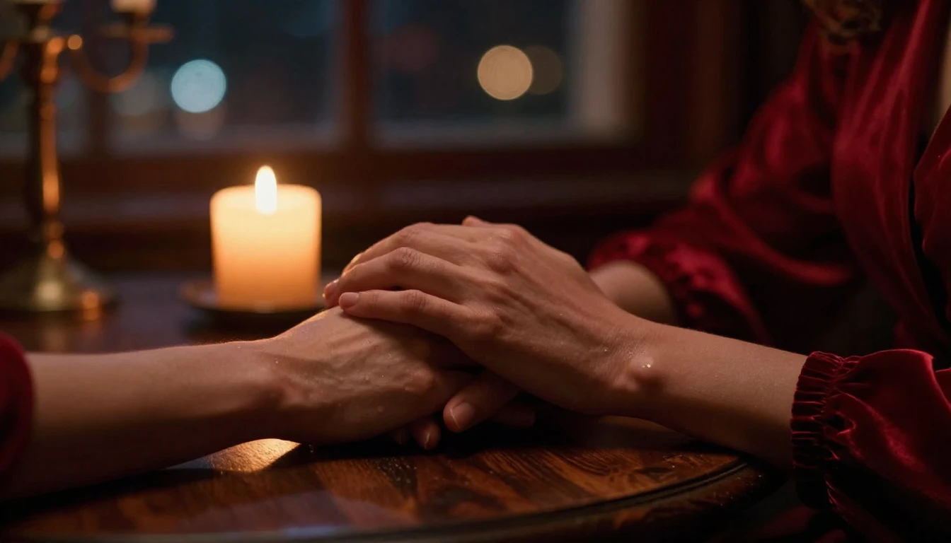 A cinematic close-up shot of two hands gently intertwined re...