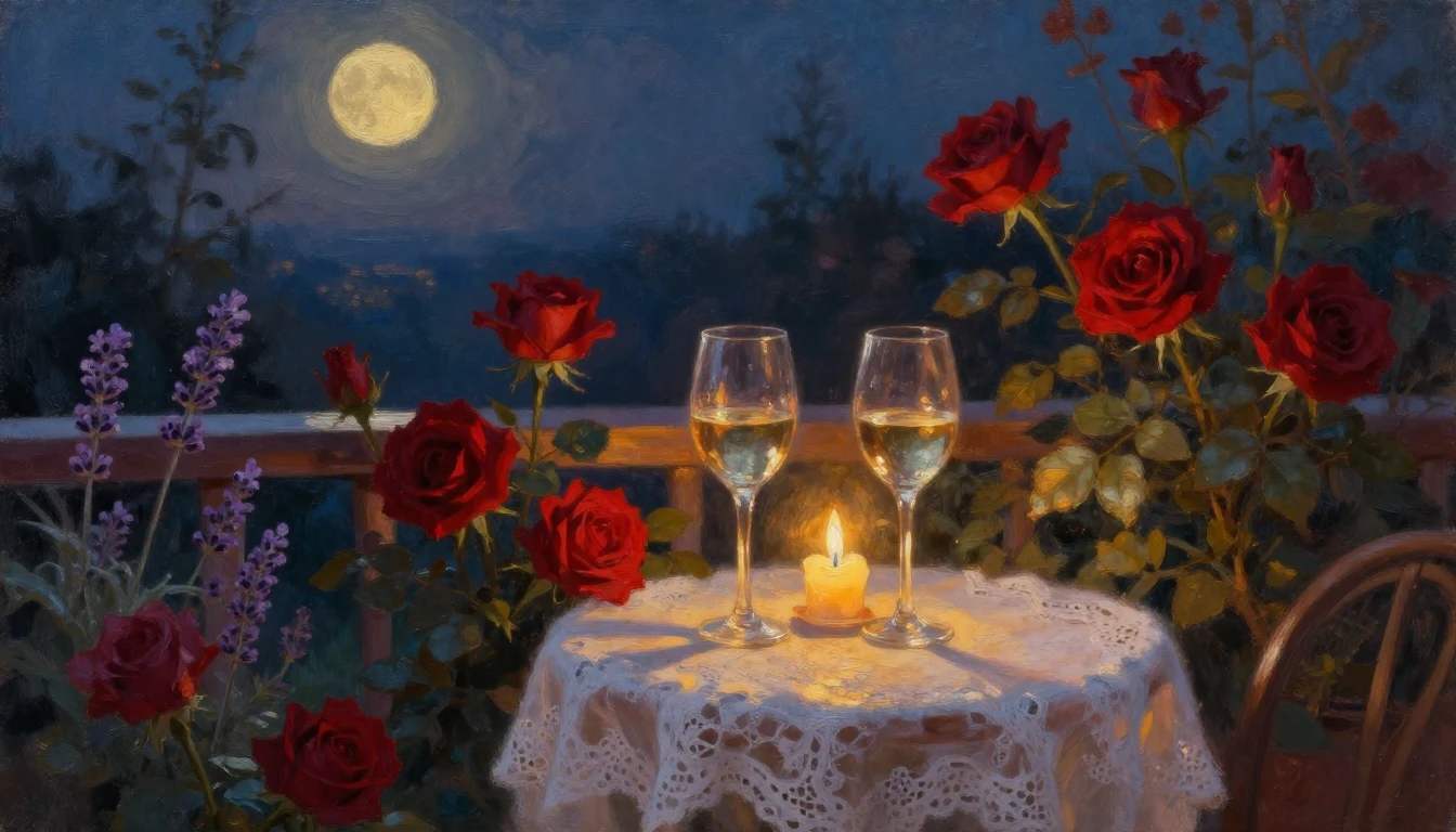 An evocative oil painting of a serene balcony overlooking a ...