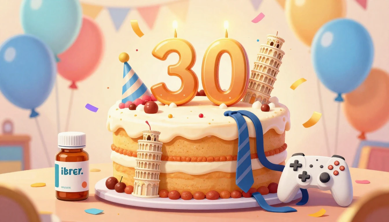 A humorous and colorful birthday illustration featuring a bi...