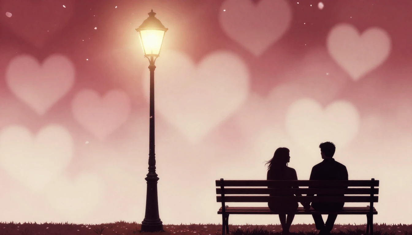 A romantic and dreamy scene featuring two silhouettes holdin...