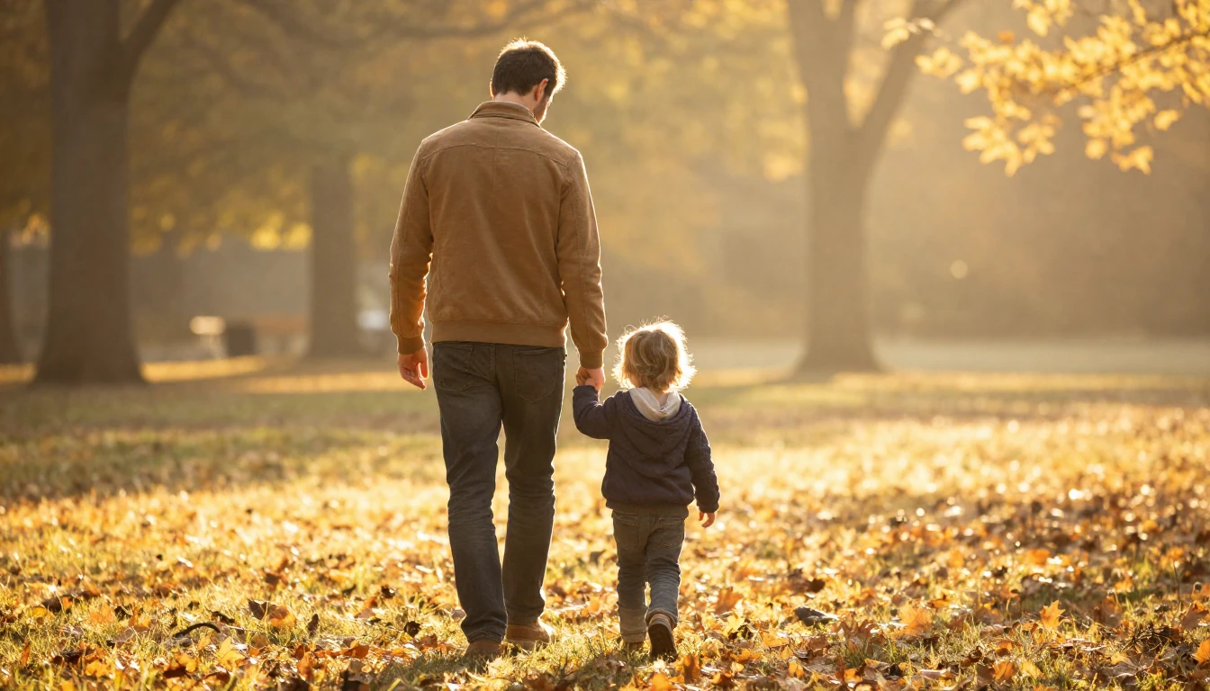 A warm and nostalgic scene of a father and child walking tog...