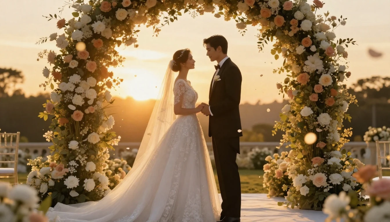 A stunning digital art illustration of a bride and groom sta...