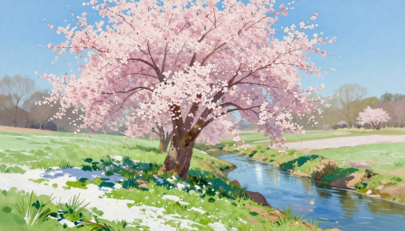 A vibrant landscape depicting the first signs of spring. Sof...