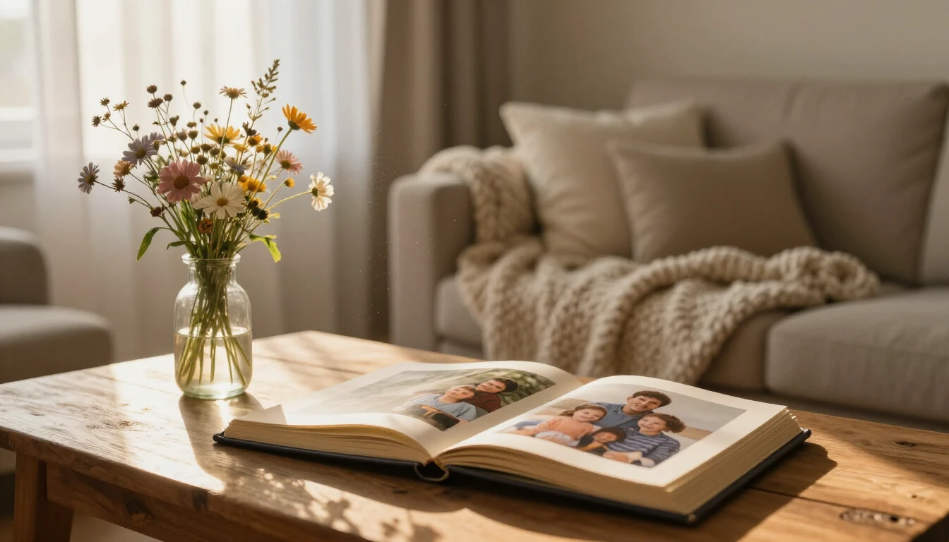 A warm, cinematic close-up shot of a cozy living room scene ...