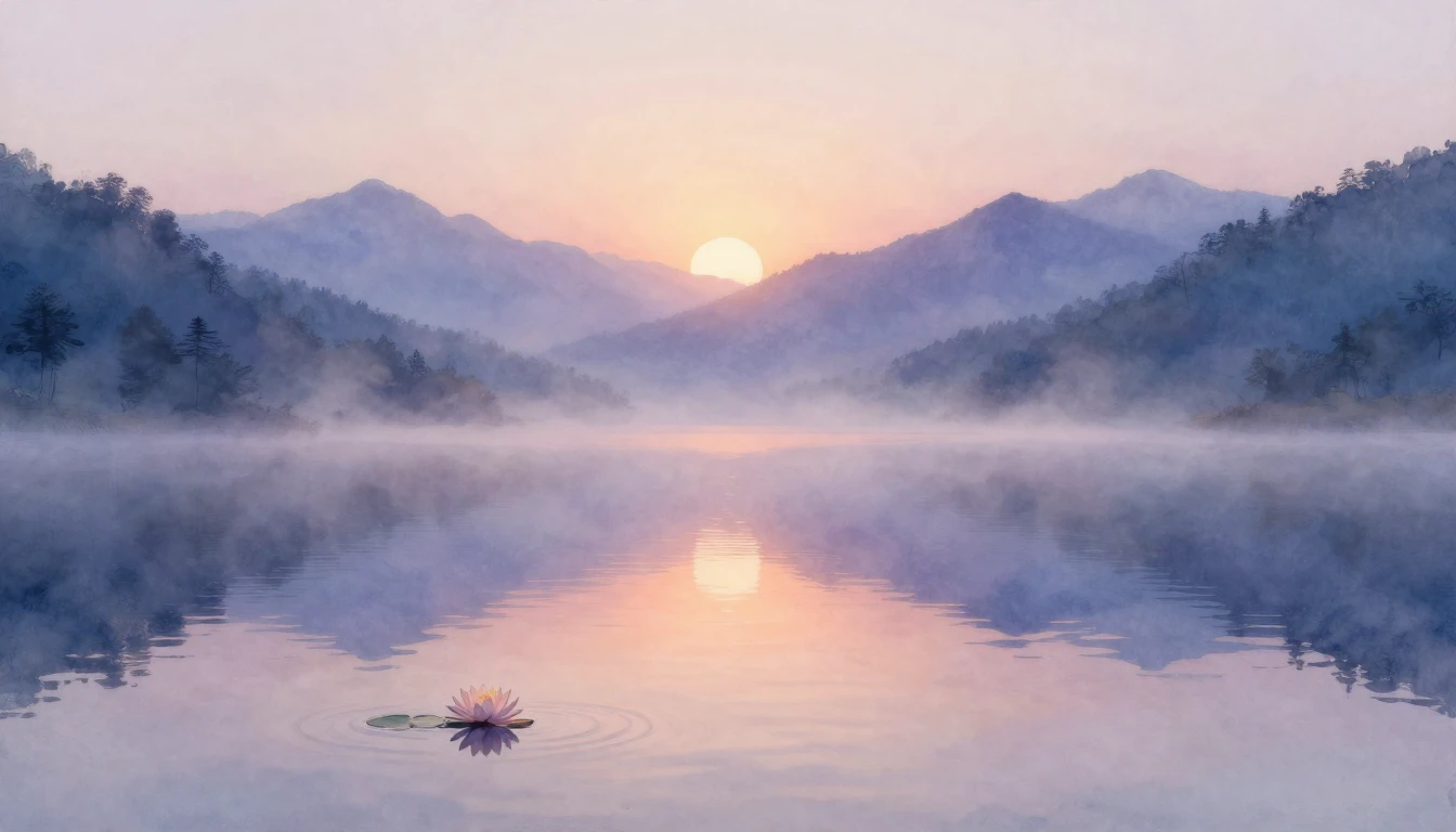 A serene watercolor painting of a still mountain lake at daw...