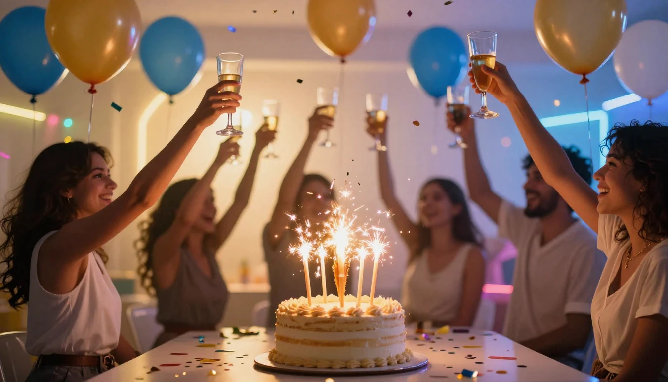 A vibrant and energetic birthday celebration scene featuring...