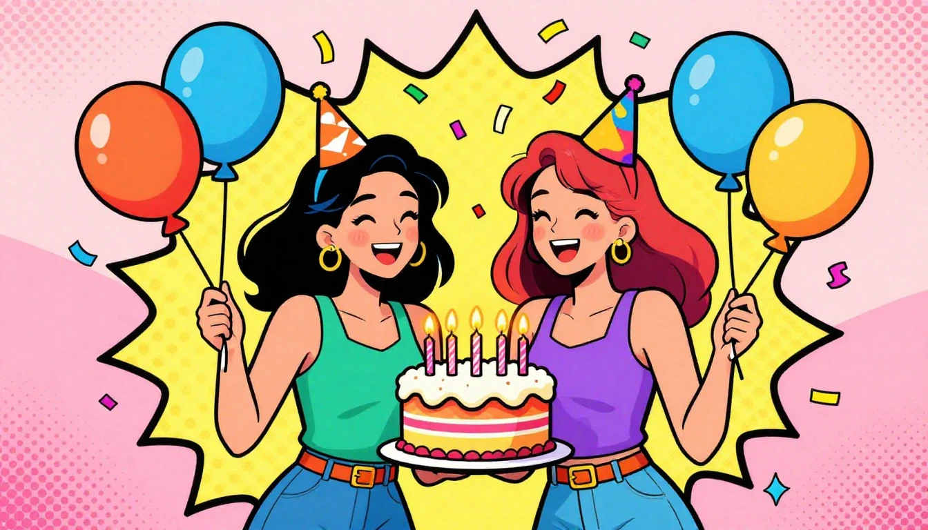 A colorful and vibrant Pop Art illustration of two happy you...