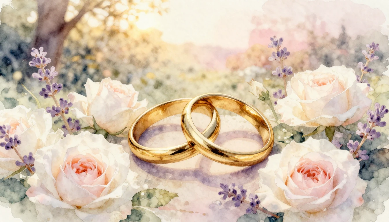 A beautiful watercolor painting of two intertwined golden ri...