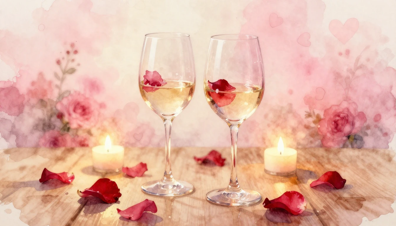 A soft watercolor painting of two elegant wine glasses sitti...