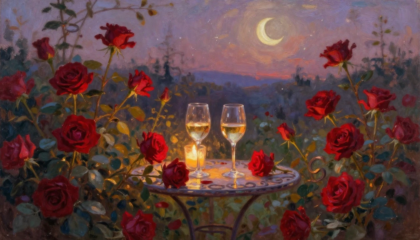 A lush and romantic oil painting of a serene garden at twili...