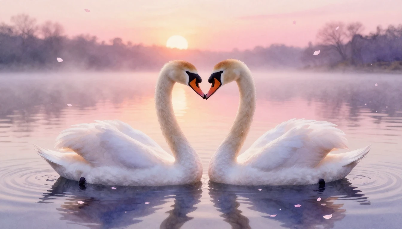 A delicate watercolor painting of two elegant swans forming ...