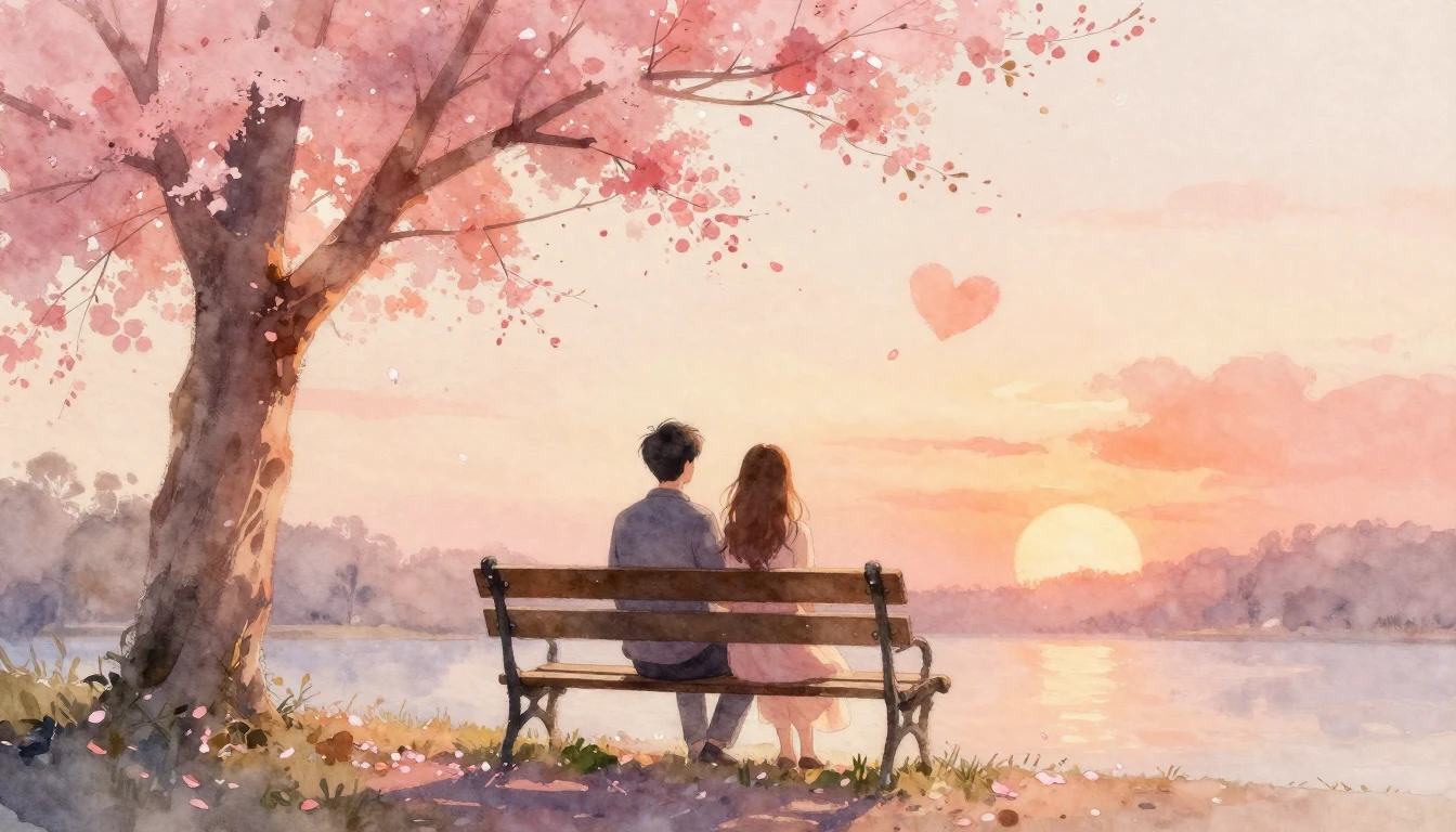 A romantic watercolor painting featuring a couple sitting on...