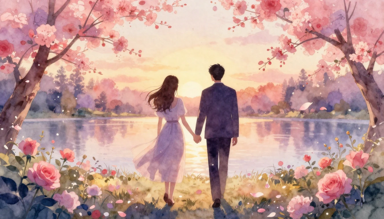 A beautiful watercolor painting of two silhouettes walking h...