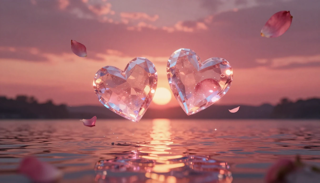A breathtaking scene of two glowing crystalline hearts float...