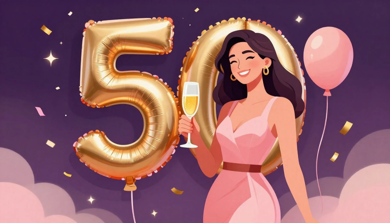 A vibrant and elegant digital art illustration for a 50th bi...