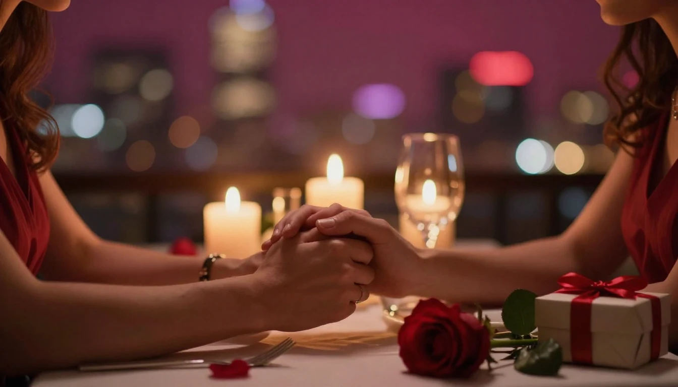 A romantic and intimate scene featuring a close-up of a coup...