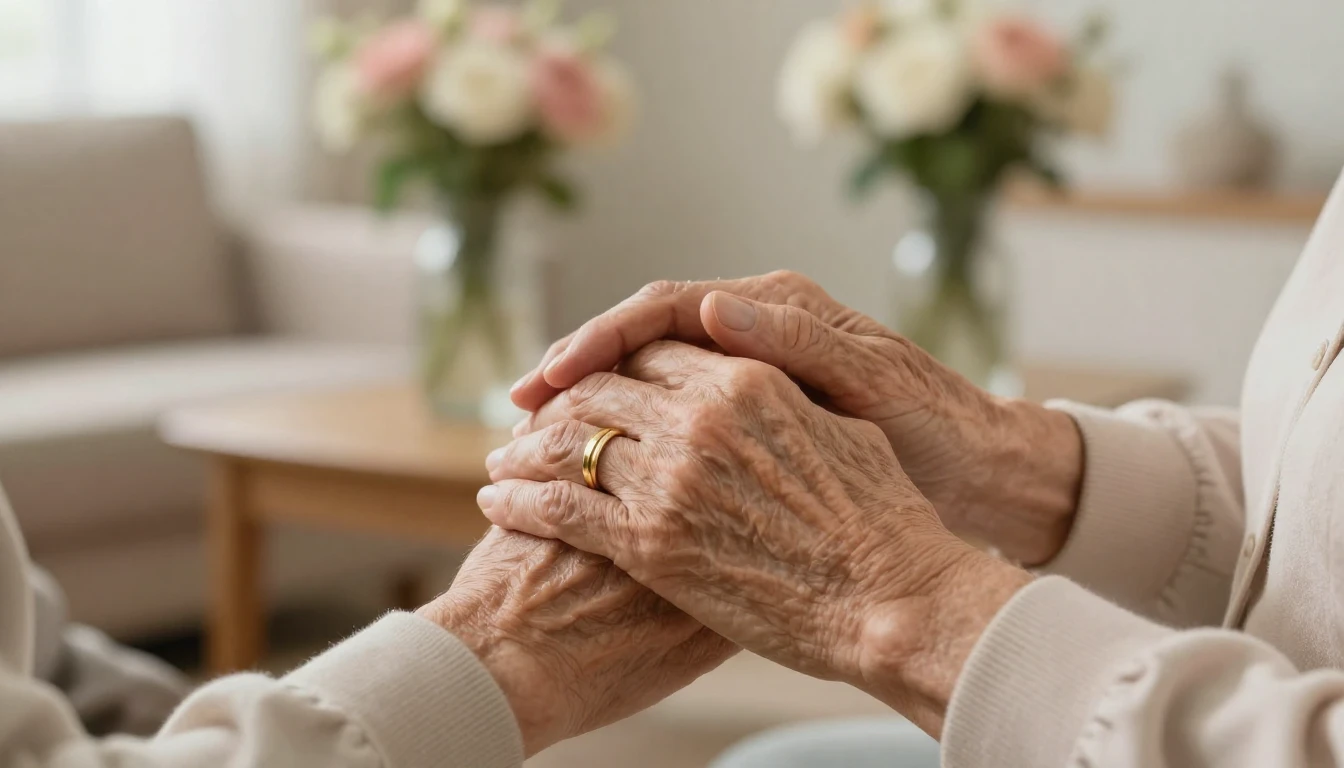 Close-up of an elderly couple holding hands tenderly, wrinkl...