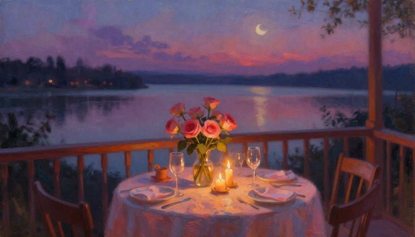 An impressionist oil painting of a cozy, candlelit dinner se...