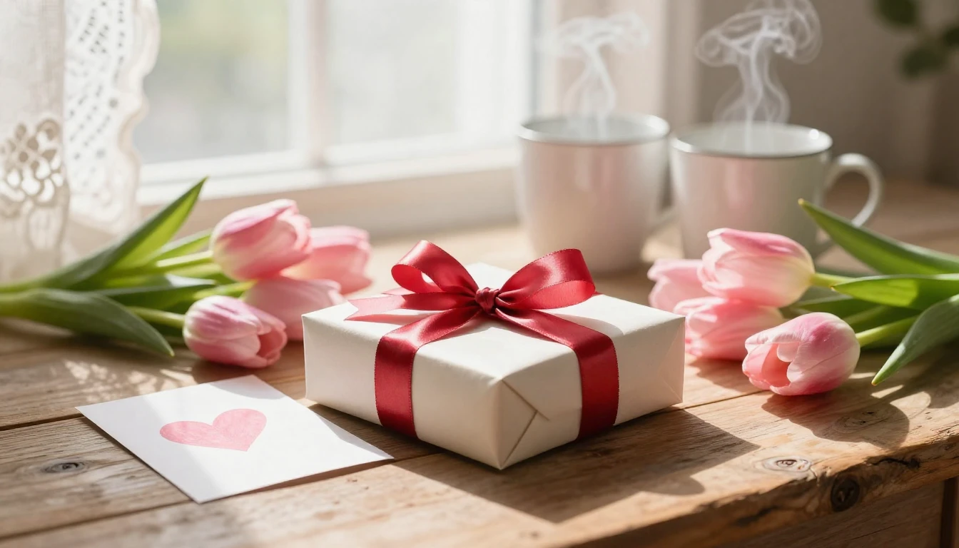 A heartwarming close-up scene of a beautifully wrapped box o...