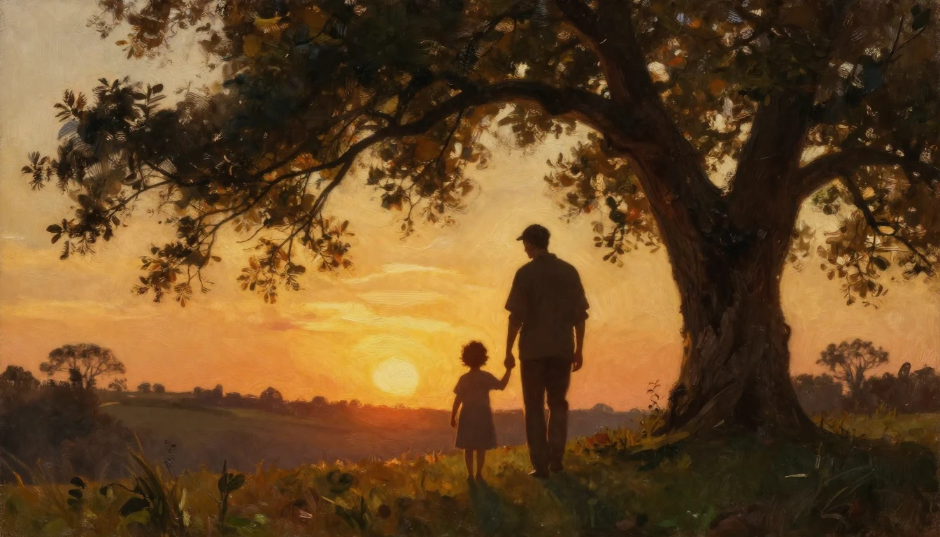A warm and nostalgic oil painting depicting a silhouette of ...