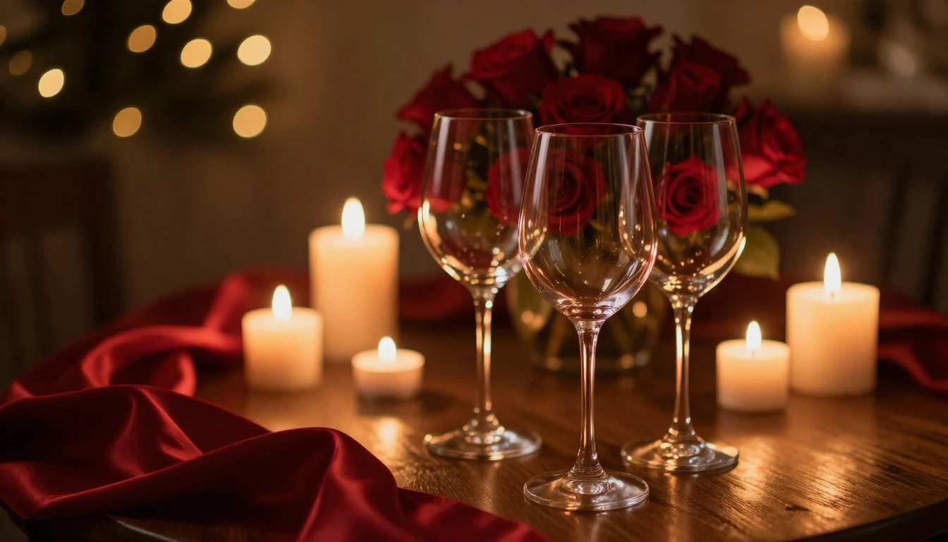 A cinematic close-up of two elegant wine glasses on a wooden...