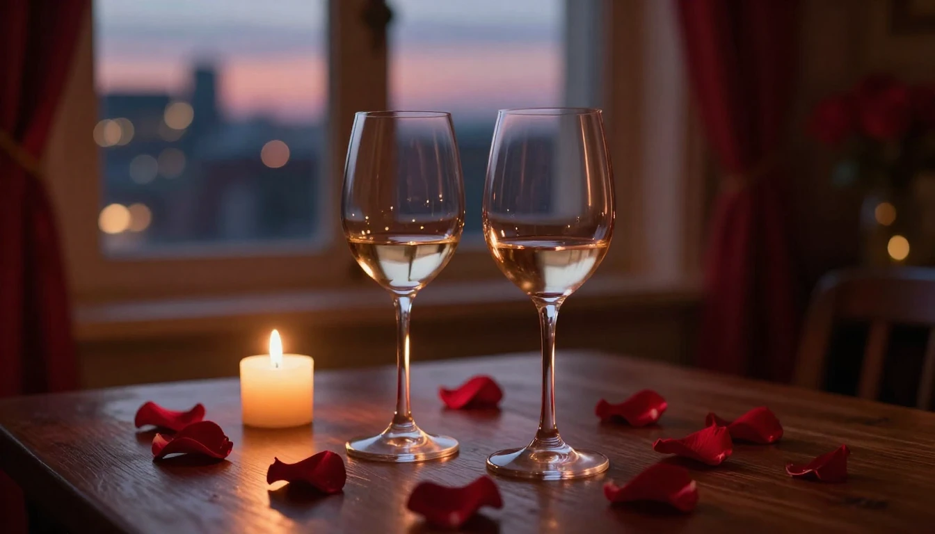 A breathtakingly romantic scene featuring two elegant wine g...