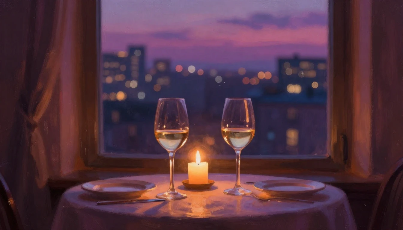 A romantic evening scene viewed through a window. On a table...