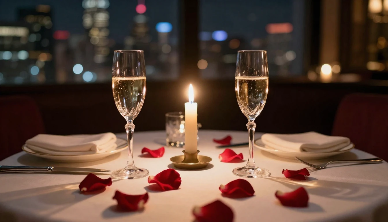 A close-up shot of a beautifully set dinner table for two in...