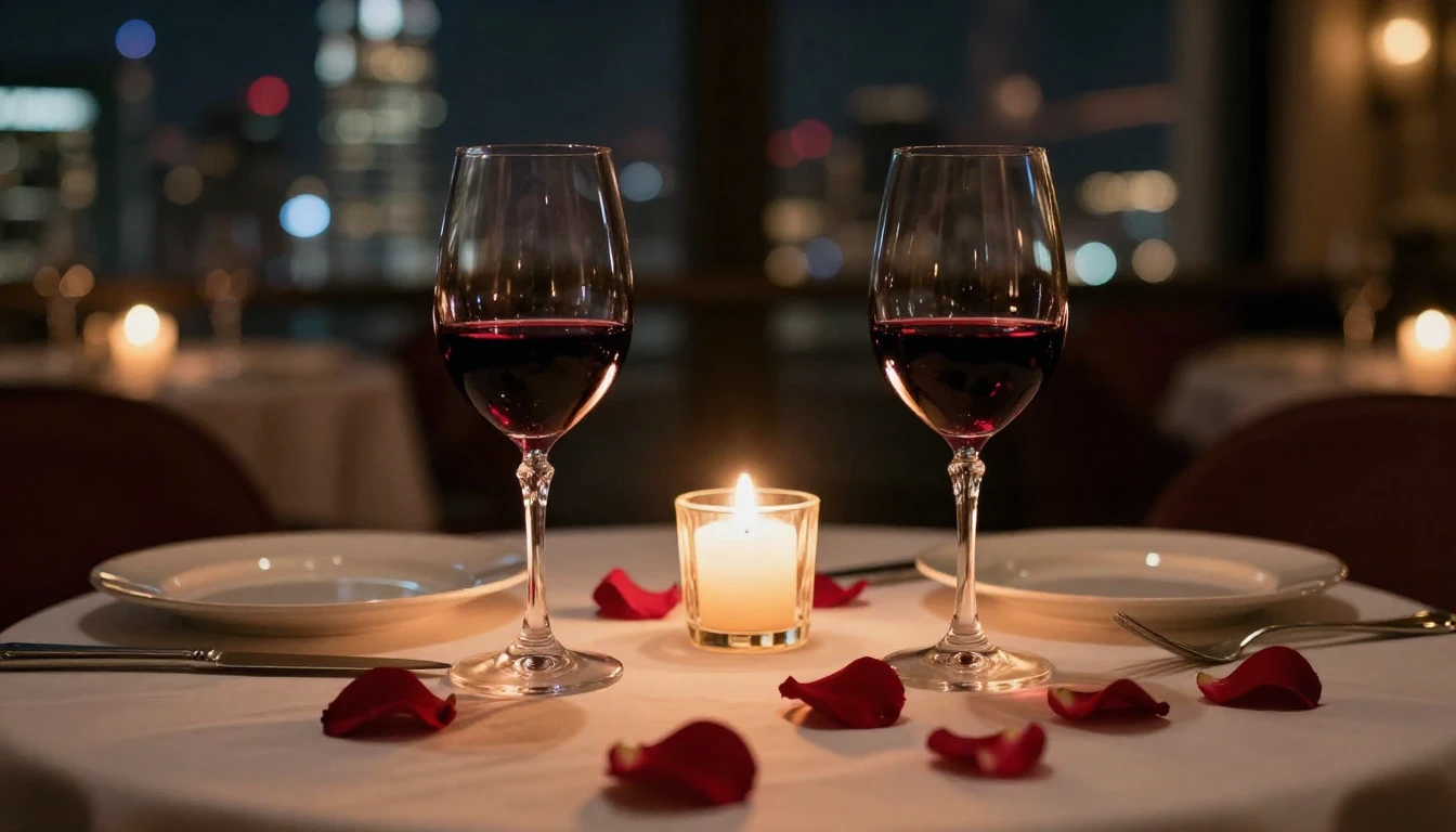A close-up shot of a beautifully set dinner table for two in...