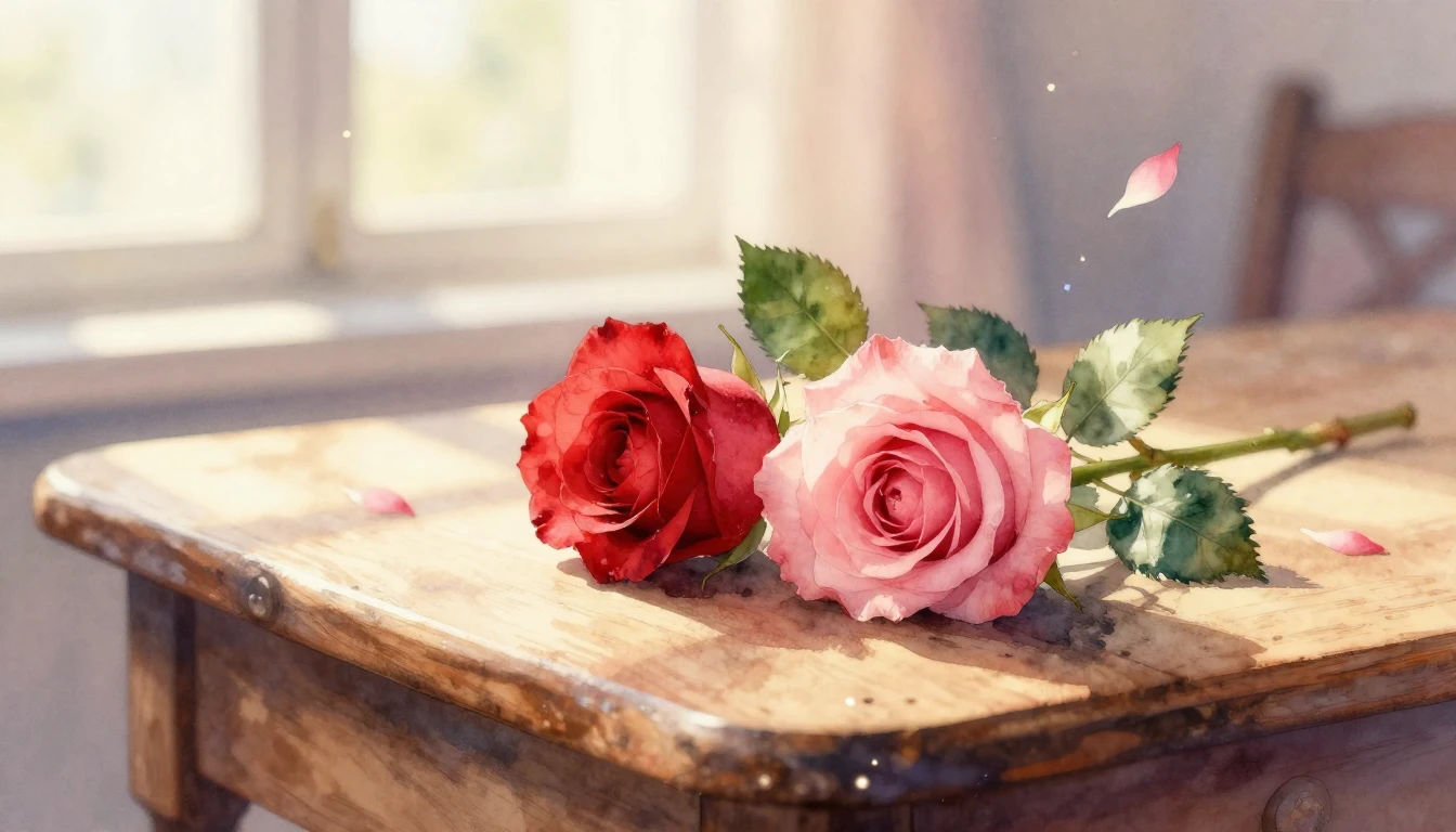 A delicate watercolor painting of two intertwined red and pi...