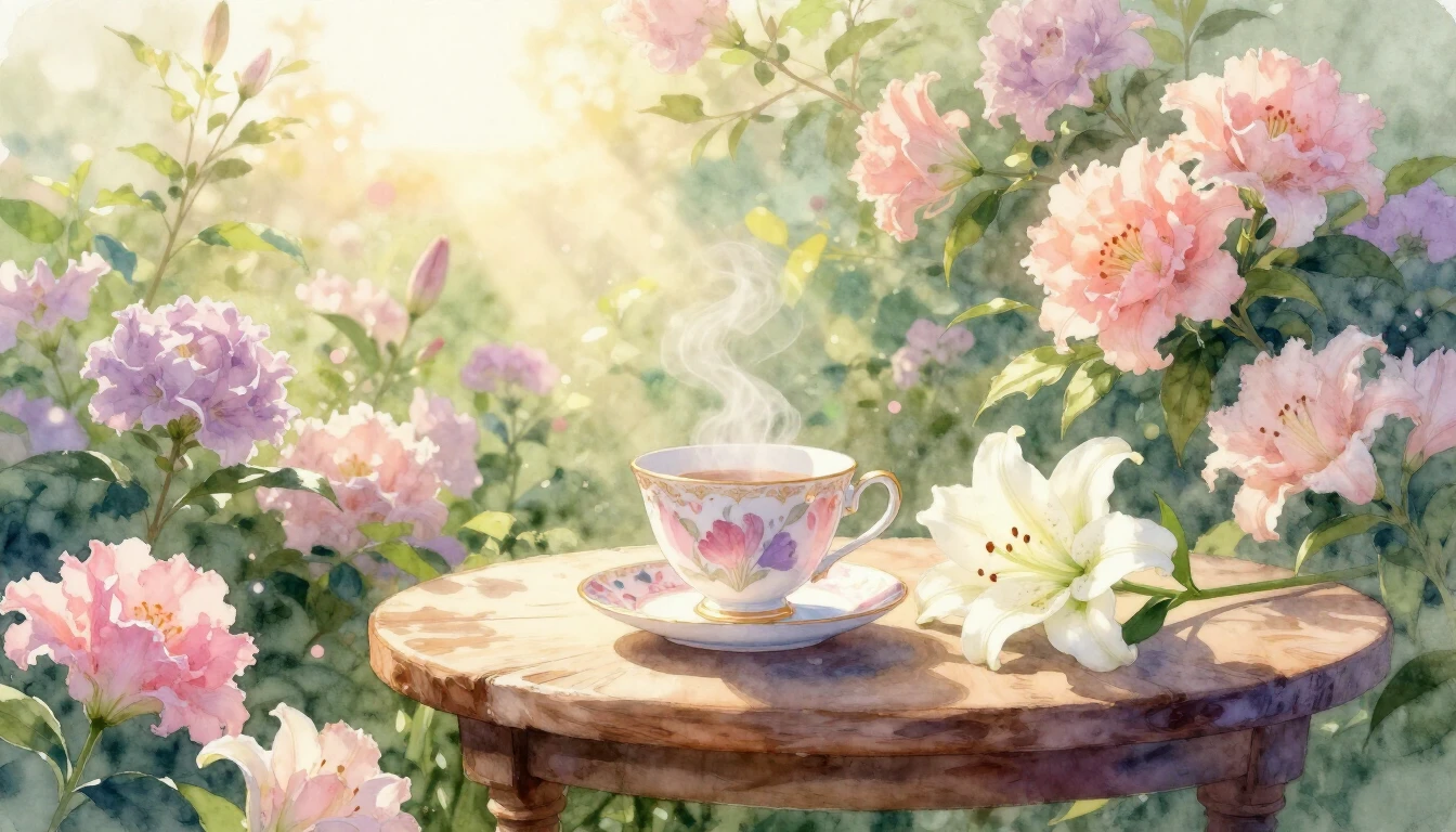 A beautiful watercolor illustration of a blooming garden at ...