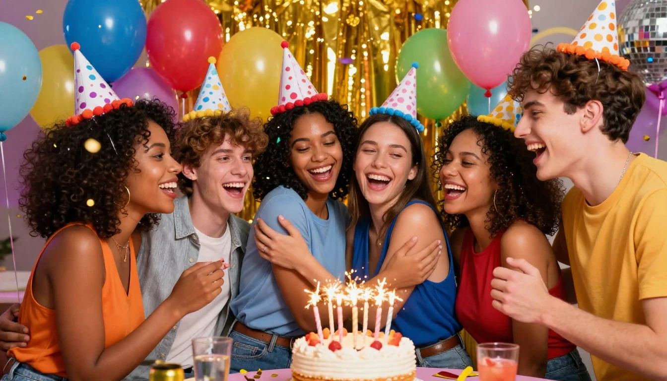 A vibrant and energetic party scene focusing on friendship a...