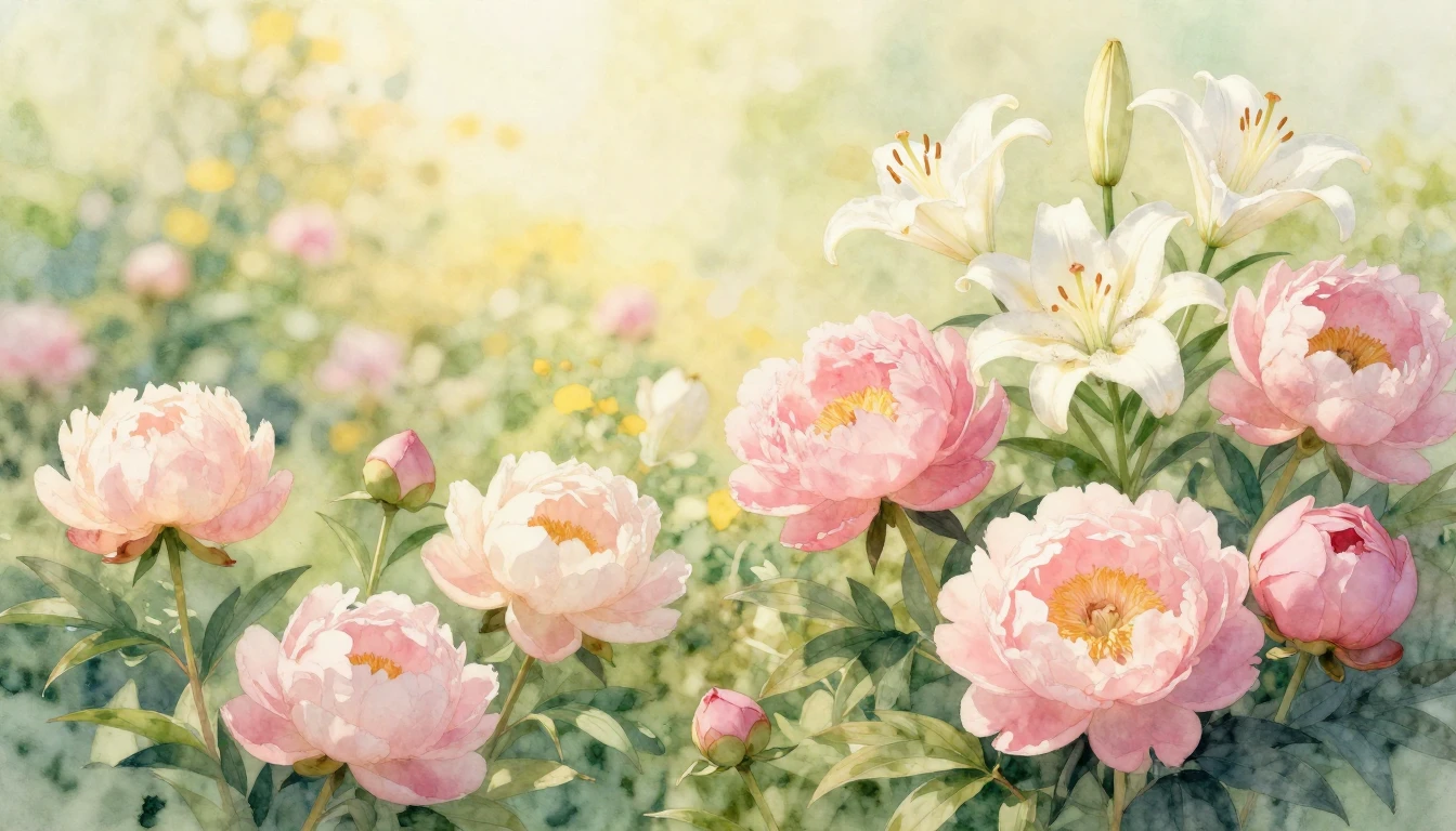 A beautiful and soft watercolor painting of a blooming garde...
