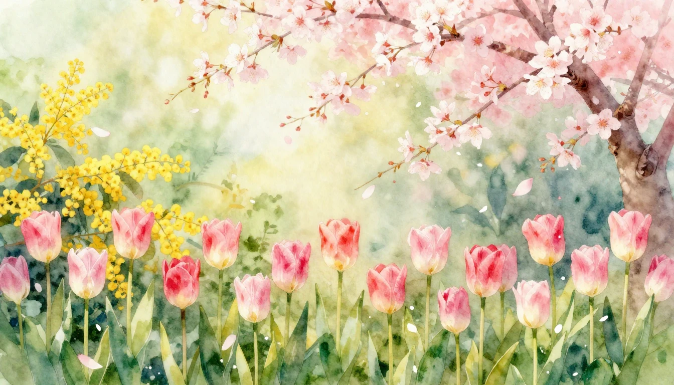 A beautiful watercolor painting of a lush spring garden fill...