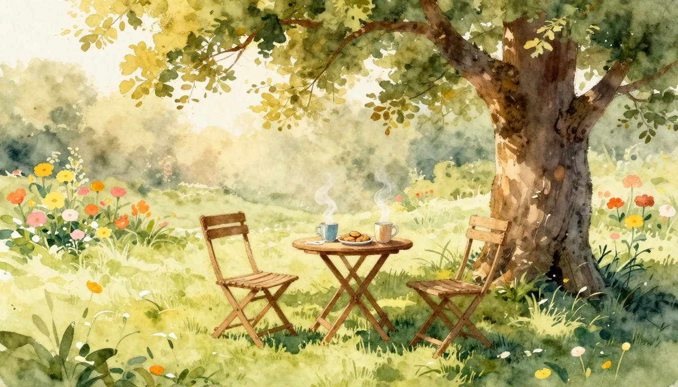 A beautiful watercolor painting of a sun-drenched outdoor se...