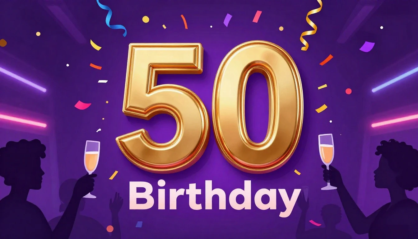 A vibrant and festive album cover design for a 50th birthday...